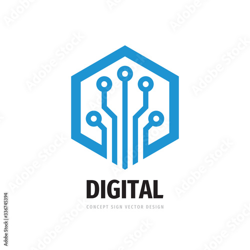 Data digital electronic technology - vector logo template for corporate identity. Abstract computer chip sign. Network, internet tech concept illustration. Hexagon shape. Design element.
