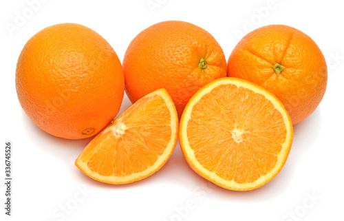 Orange fruit whole and slice isolated on white background. Perfectly retouched, full depth of field on the photo. Creative healthy food concept. Nature, juice. Flat lay, top view