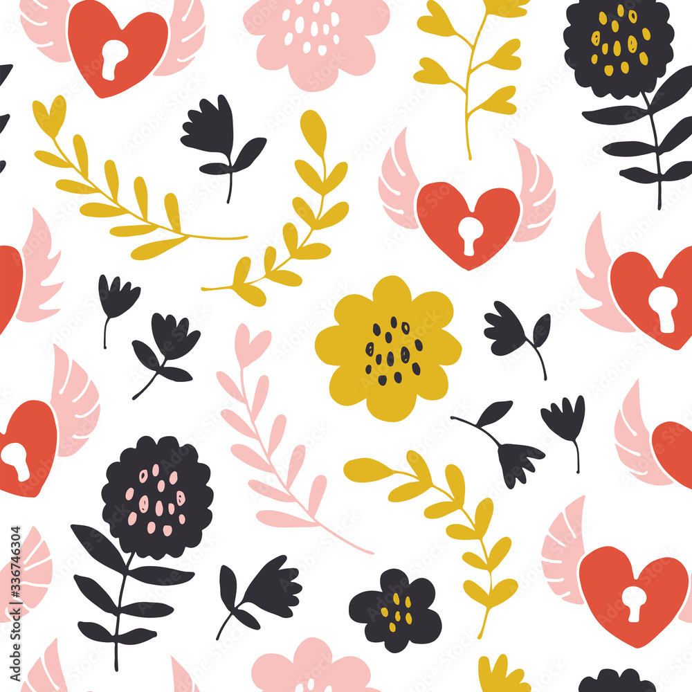 Naklejka Flying hearts and keys seamless pattern, hand drawn hearts, keys, flowers, leafs, polka dots love background