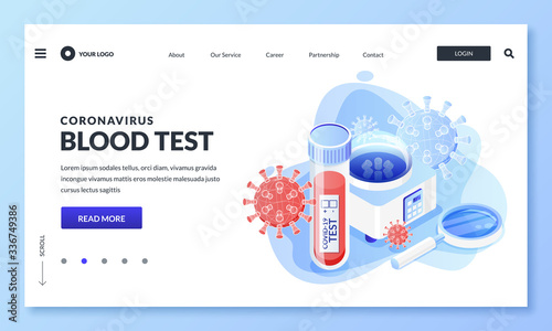 Positive or negative coronavirus blood test. Vector 3d isometric illustration of laboratory flask and covid-19 viruses
