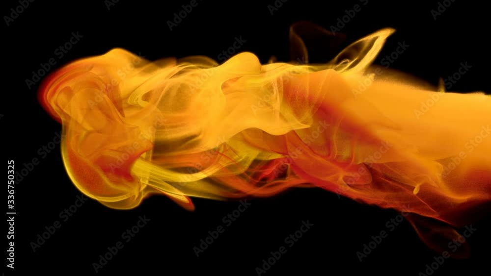 Yellow orange color paint ink drops in water slow motion art background with copy space. Inky cloud swirling flowing underwater. Abstract smoke fluid  liquid animation isolated on black alpha channel