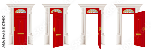 Closed, open red door, isolated on white background. Home entrance, exit, interior design element. Vector illustration