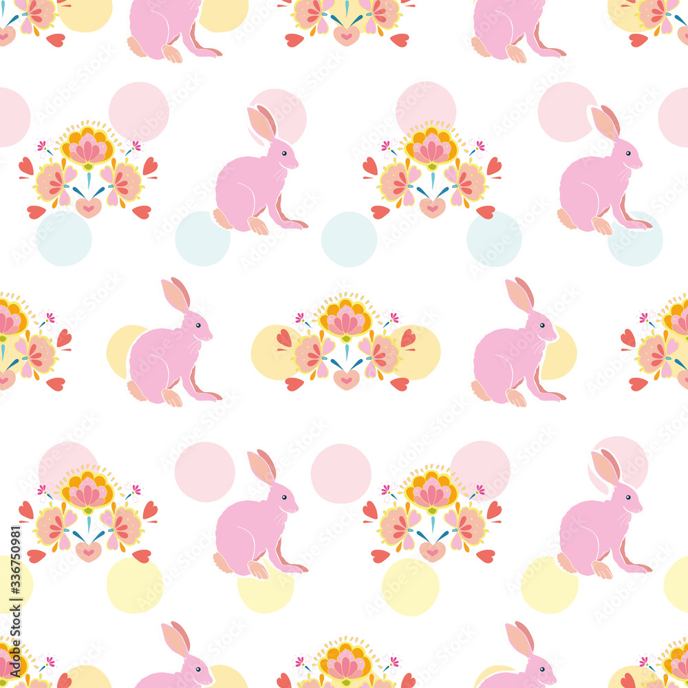 Vector geometric folk art cute easter bunny pattern on dotted background. Happy spring design. Event and holidays. Surface pattern design.