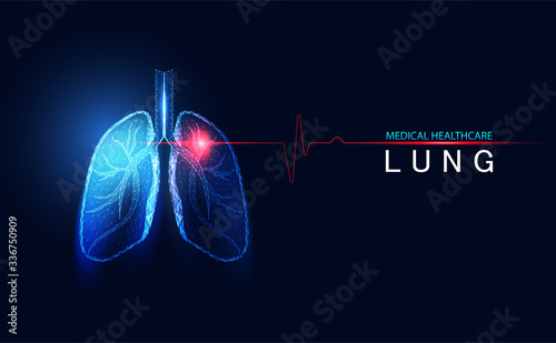 Abstract futuristic human lungs breathing wireframe anatomy blue digital medical point connecting network concept analysis data disease of medical health care technology on blue background.