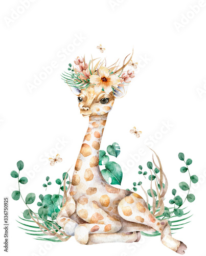 Poster with a baby giraffe. Watercolor cartoon giraffe tropical animal illustration. Jungle exotic summer design photo