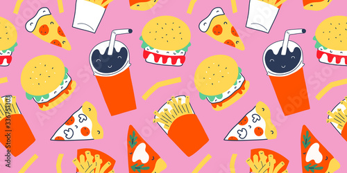 Fastfood pattern with modern doodle food illustrations. Seamless vector background, cola drink with straw, french fries and burgers with cheese, slices of pepperoni pizza and margherita
