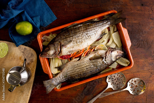 Overhead view of roasted whole fish