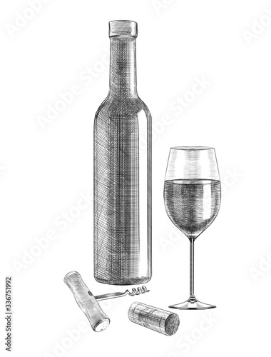 Sketch of a wine still life on a white background. Engraving or drawing.