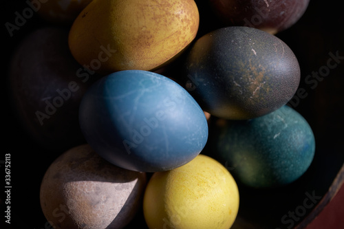 Easter. Naturally colored eggs background. Selective focus.