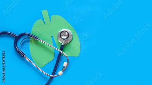 Lung health therapy medical concept . silhouette of the lungs and a stethoscope on a green background. concept of respiratory disease, pneumonia, tuberculosis, bronchitis, asthma, lung abscess