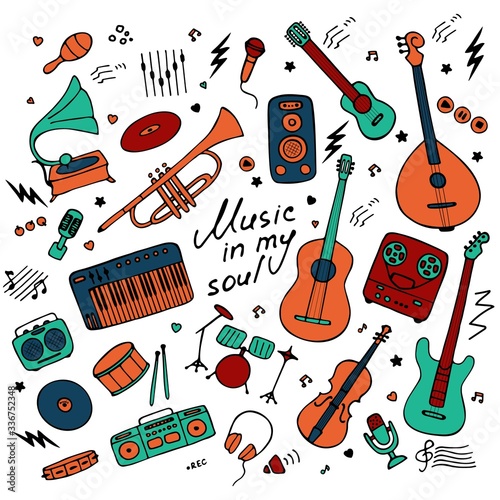 Music. Big set of icons for print and digital. Doodle elements of musical instruments. Hand written inscription Music in my soul. Vector