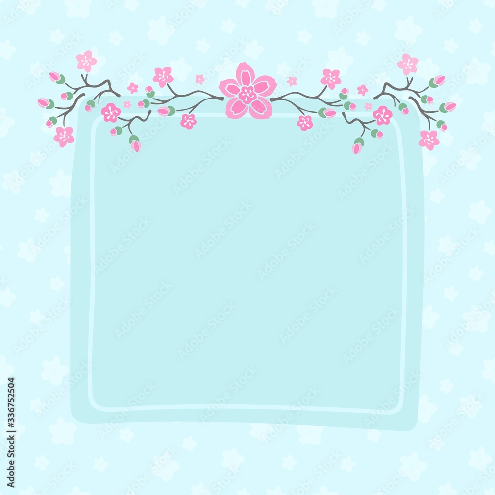 Floral frame with pink sakura flowers on blue background. Vector illustration. Greeting card with pink flowers, invitation card with cherry blossom.
