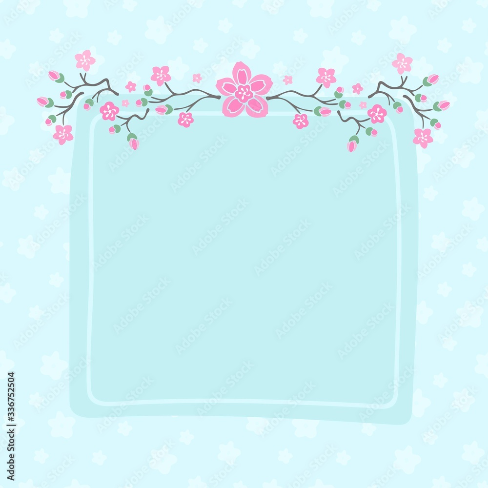 Floral frame with pink sakura flowers on blue background. Vector illustration. Greeting card with pink flowers, invitation card with cherry blossom. Floral frame with pink sakura flowers on blue background. Vector illustration. Greeting card with pink flowers, invitation card with cherry blossom.