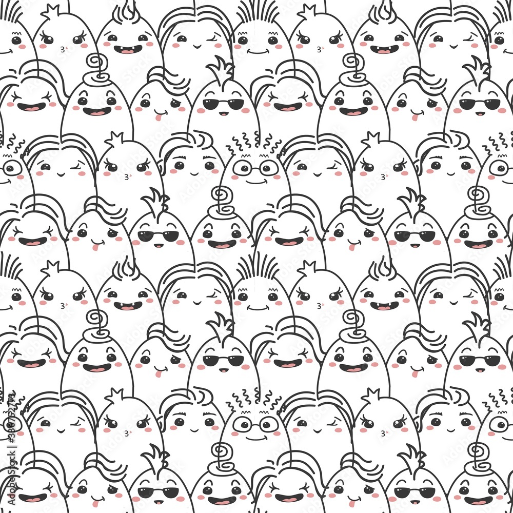 Seamless pattern with Easter eggs in kawaii style. Easter eggs with face. Perfect for fabric, wrapping paper. vector illustration. Seamless pattern with Easter eggs in kawaii style. Easter eggs with face. Perfect for fabric, wrapping paper. vector illustration.