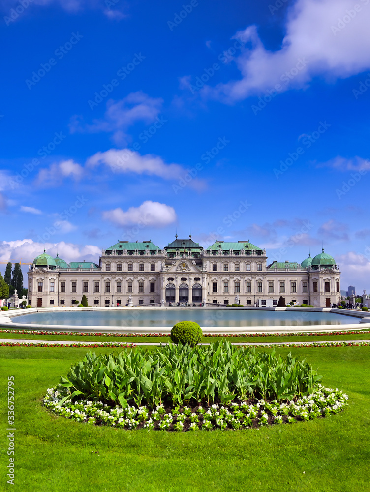 Vienna, Austria - May 17, 2019 : Baroque palace Belvedere is a historic building complex in Vienna, Austria, consisting of two Baroque palaces with a beautiful garden between them.