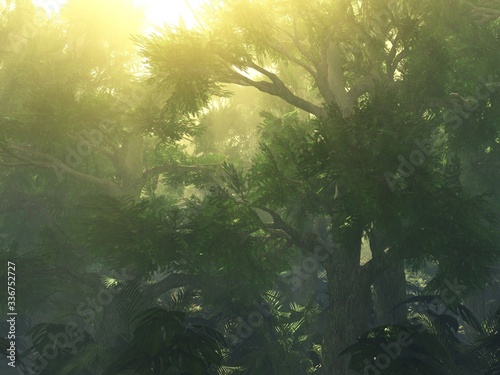Trees in the fog. The smoke in the forest in the morning. A misty morning among the trees. 3D rendering © ustas
