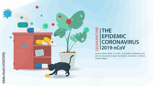 banner nightstand medicine Cabinet on the background of COVID-2019 virus molecules 2019-nCoV cat touches the medicine capsule flat vector illustration