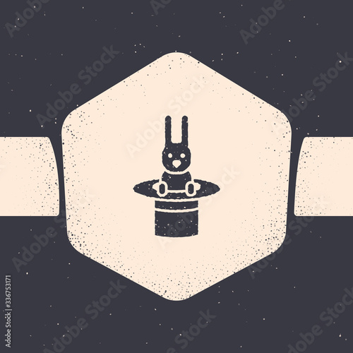 Grunge Magician hat and rabbit icon isolated on grey background. Magic trick. Mystery entertainment concept. Monochrome vintage drawing. Vector Illustration