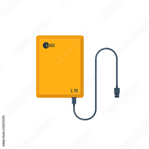 Portable HDD. External hard disk drive with USB cable. Memory drive illustration photo