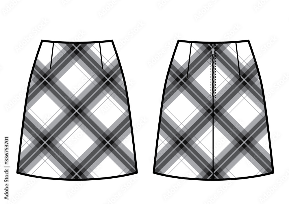 Vetor de A-silhouette skirt vector checkered print. Front and back view