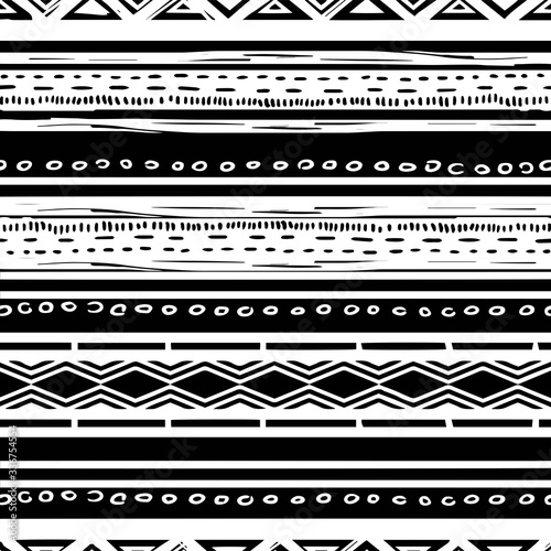 Seamless pattern with african borders for design. Horizontal stripes. Black and white print for your textiles.