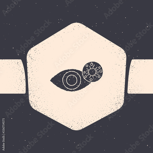 Grunge Reddish eye due to virus, bacterial or allergic conjunctivitis icon isolated on grey background. Monochrome vintage drawing. Vector Illustration