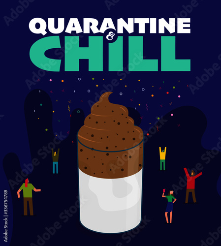Vector illustration of Dalgona Coffee. Coffee with milk. Stir Coffee Concept. Quarantine and Chill. People Dancing with Coffee