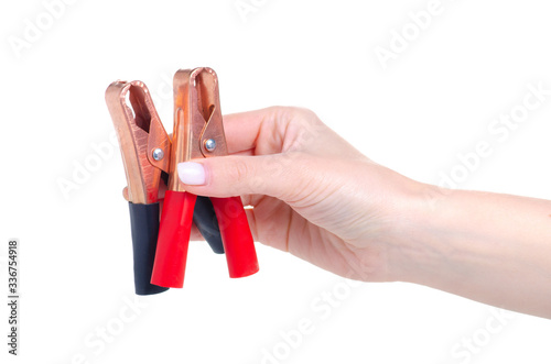 Clamping terminals tool in hand on white background isolation