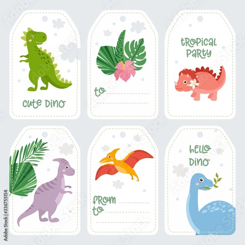 Cute dinosaurs tags set. Dino isolated on white background. Kids illustration. Funny cartoon Dino collection and tropical elements.
