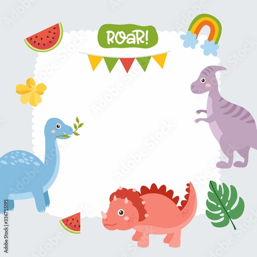 Cute childish frame with dinosaur  rainbow and tropical leaves. Triselops  Diplodocus. Baby Shower or Birthday template design.