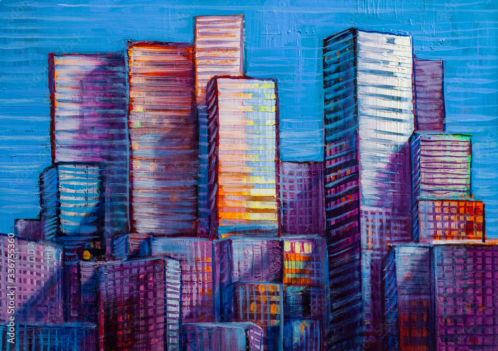  Artistic painting of skyscrapers.  Abstract style. Cityscape panorama.