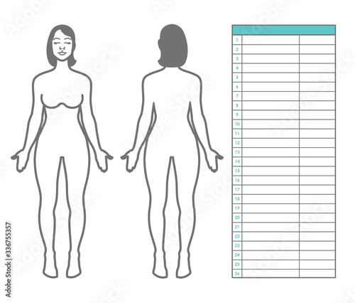 Woman body measurement. Scheme of measurement human body front and back. Table for entries and notes. Vector template for sewing clothes, dieting, fitness