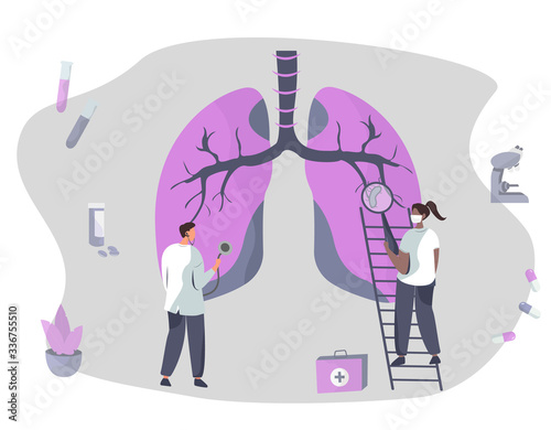 Doctors Check Lungs.Pulmonology Concept.Female Nurse Examines Huge Lungs with Magnifying Glass.Doctor Listens Patient's Lungs with stethoscope.Microscope on background.Vector Illustration