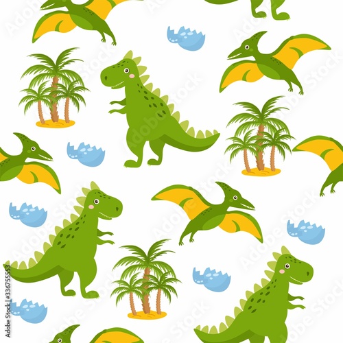 Seamless pattern with cute dinos. Cute dinosaurs isolated on white background. Kids illustration. Funny cartoon Dino  palms  dino eggs.
