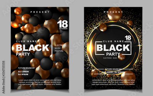 Night dance party music layout design template background with elegant black and gold style . Colorful electro style vector for concert disco, club party, event flyer invitation, cover festival poster