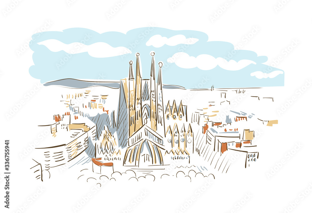 Barcelona Spain Europe vector sketch city illustration line art - obrazy, fototapety, plakaty 