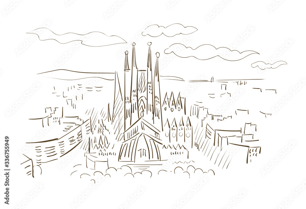 Fototapeta premium Barcelona Spain Europe vector sketch city illustration line art