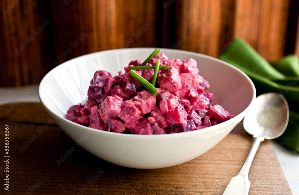Beet and potato salad in bowl Beet and potato salad in bowl