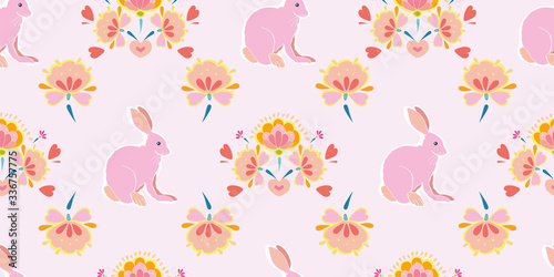 Vector geometric folk art cute easter bunny pattern on pink background. Happy spring design. Event and holidays. Surface pattern design.