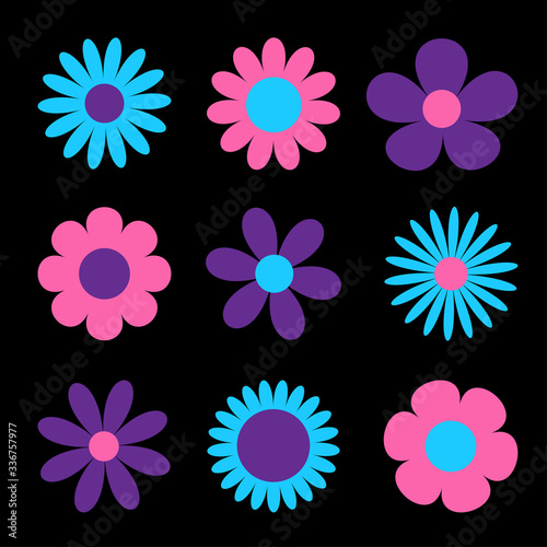 Daisy chamomile. Cute big flower plant collection. Love card. Camomile icon. Purple, violet, pink, blue ultraviolet neon glowing color light. Growing concept. Flat design. Black background. Isolated.
