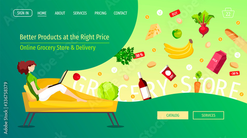 Website design template for Grocery store, Shopping, Online Market, Home delivery. Young woman sitting on the sofa and ordering food. Vector illustration for poster, banner, website, commercial.