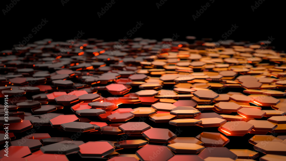 Abstract black hexagon background with glowing light. 3D rendering illustration. Abstract black hexagon background with glowing light. 3D rendering illustration.