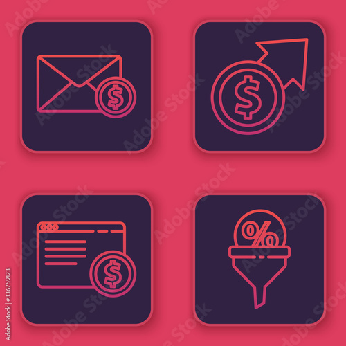 Set line Envelope with coin dollar, Online shopping on screen, Financial growth and coin and Lead management. Blue square button. Vector