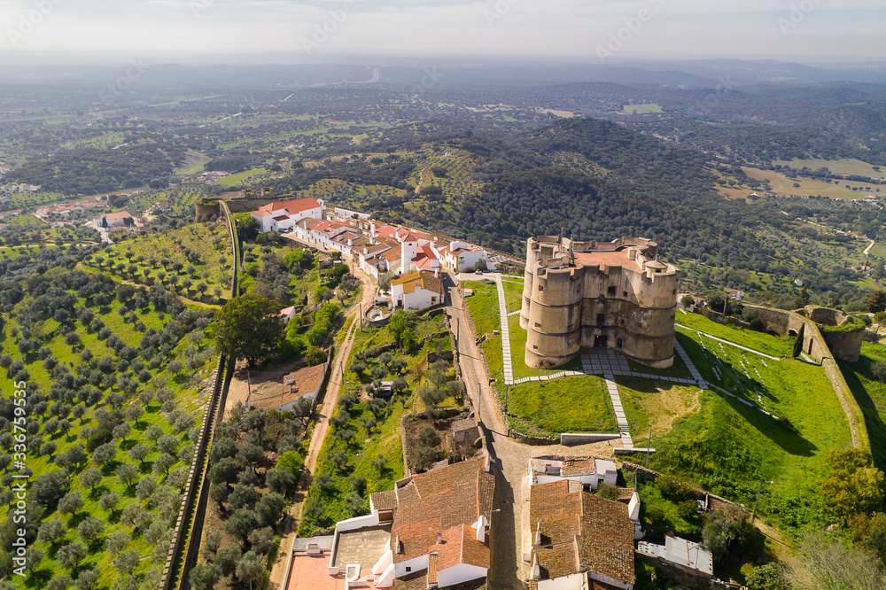 Evoramonte drone aerial view of village and castle in Alentejo, Portugal