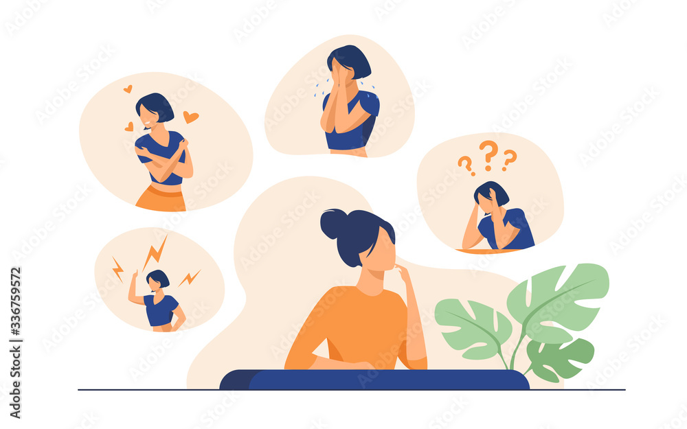Woman expressing strong various feelings and emotions. Girl suffering from distracted behavior and mood changes. Vector illustration for mental disorder, psychology, stress, crisis concept