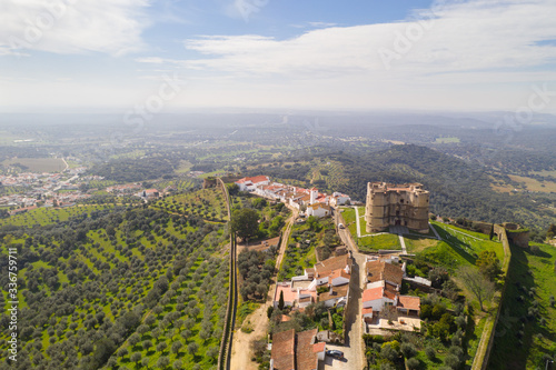 Evoramonte drone aerial view of village and castle in Alentejo, Portugal
