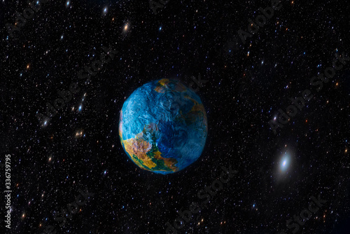 Close-up, miniature model of the planet Zmela, against the background of the cosmic starry sky. Minimalism. Deep space. Life on planet Earth, view from space.