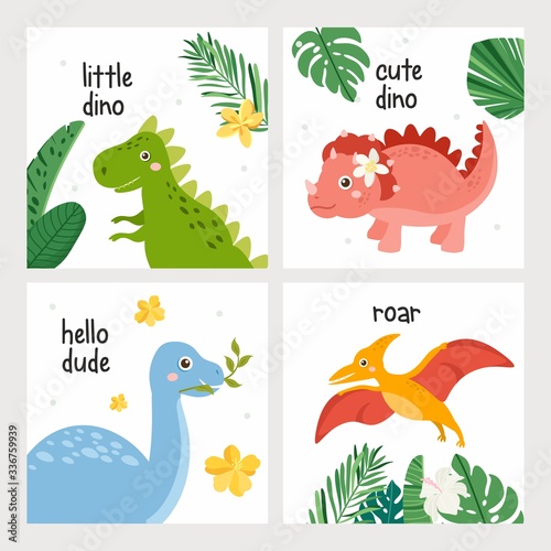 Cute dinosaurs card set. Dino isolated on white background. Kids illustration. Funny cartoon Dino collection and prehistoric elements. © twobears_art