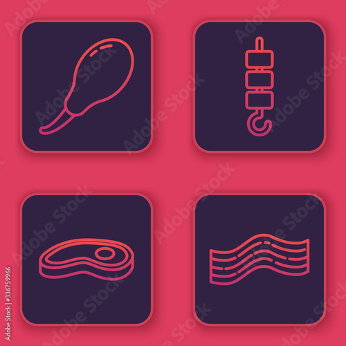 Set line Chicken leg, Steak meat, Grilled shish kebab on skewer stick and Bacon stripe. Blue square button. Vector