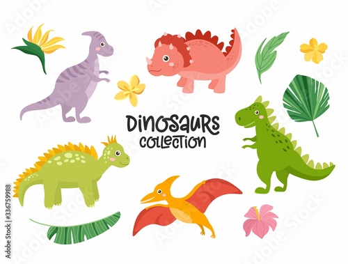 Set of cute dinosaurs isolated on white background. Kids illustration. Funny cartoon Dino collection. Tropical leaves  dino eggs  rainbow.